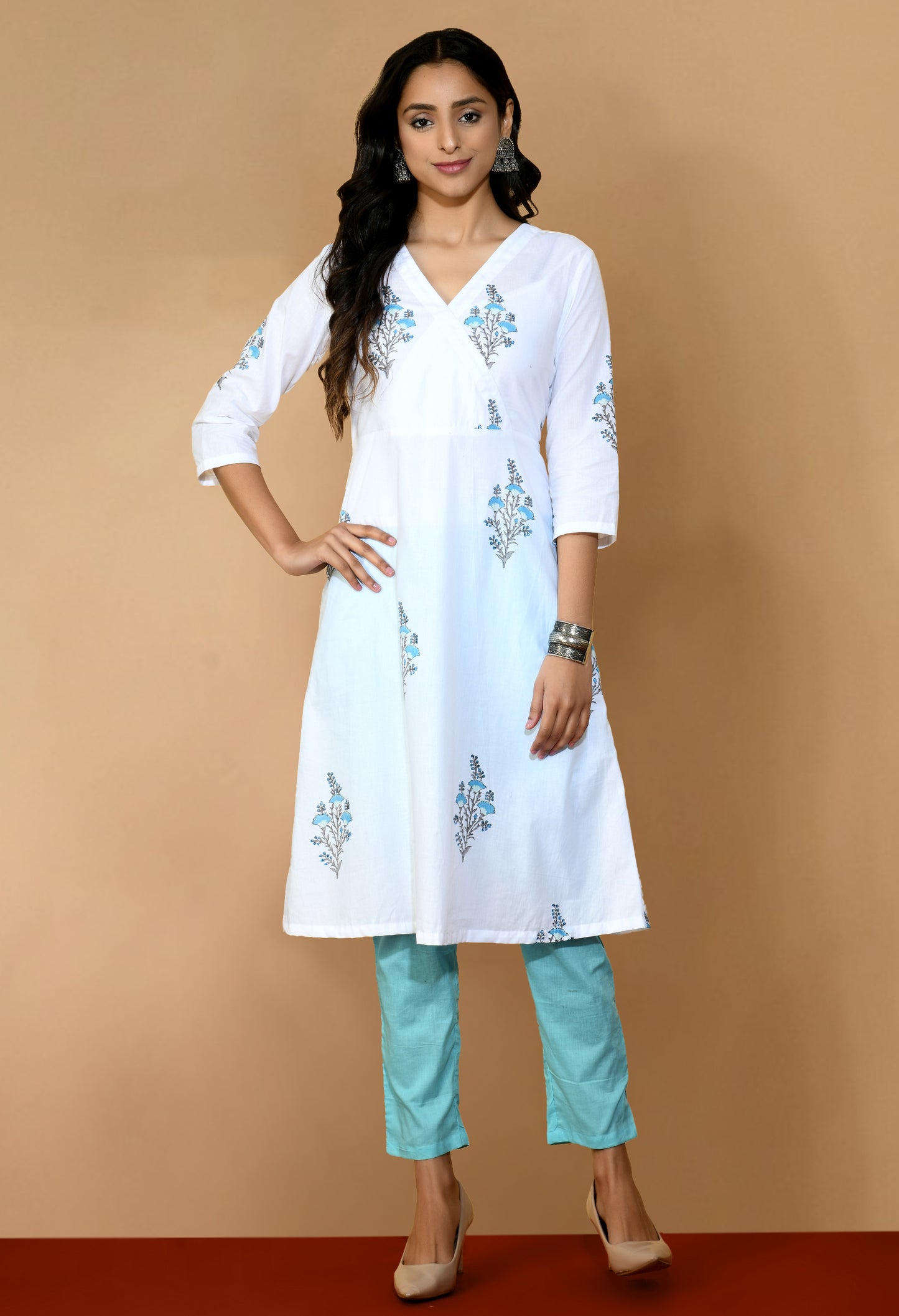 Aqua Tulip V-neck Kurta with Pants#1