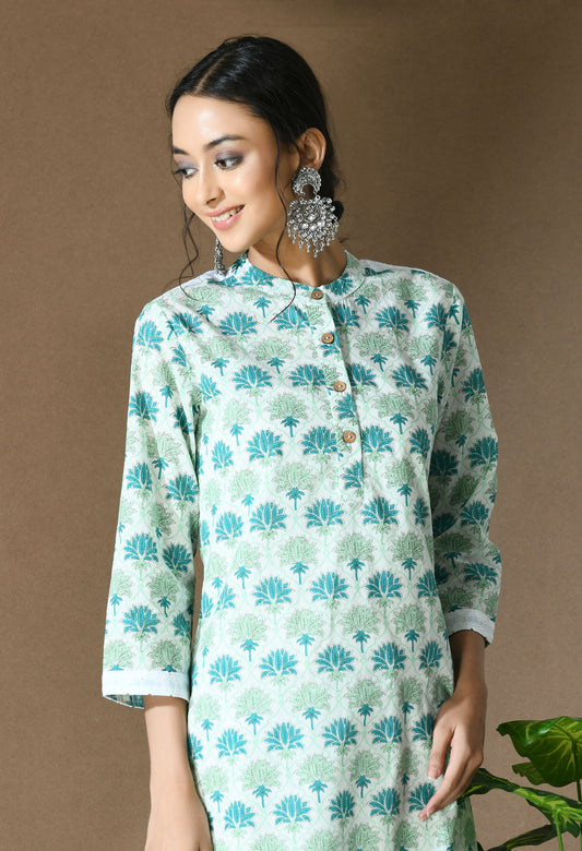 Green Lotus Motif Back Yoke Kurti#2