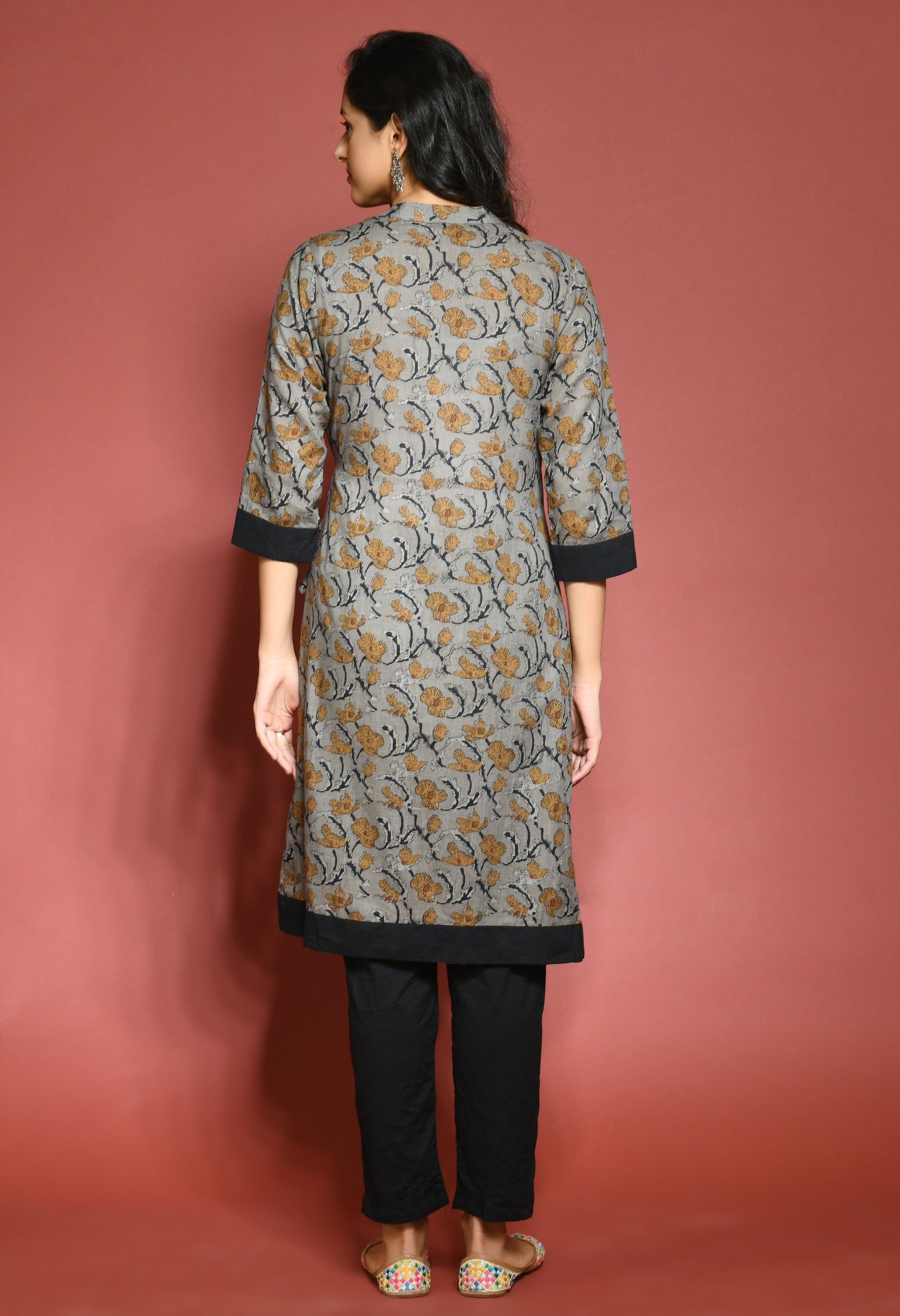 Grey Floral Print Angrakha Kurta