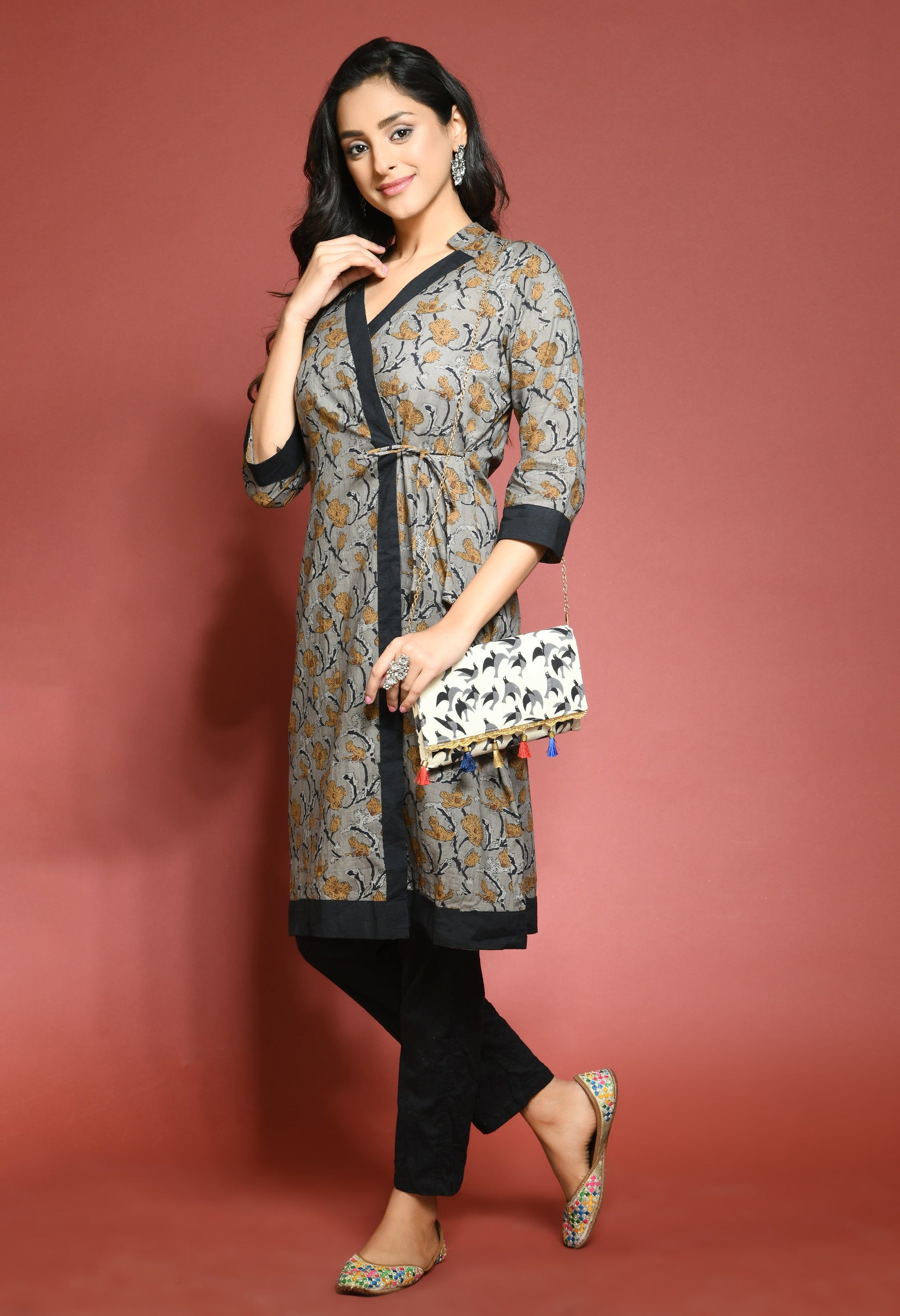 Grey Floral Print Angrakha Kurta
