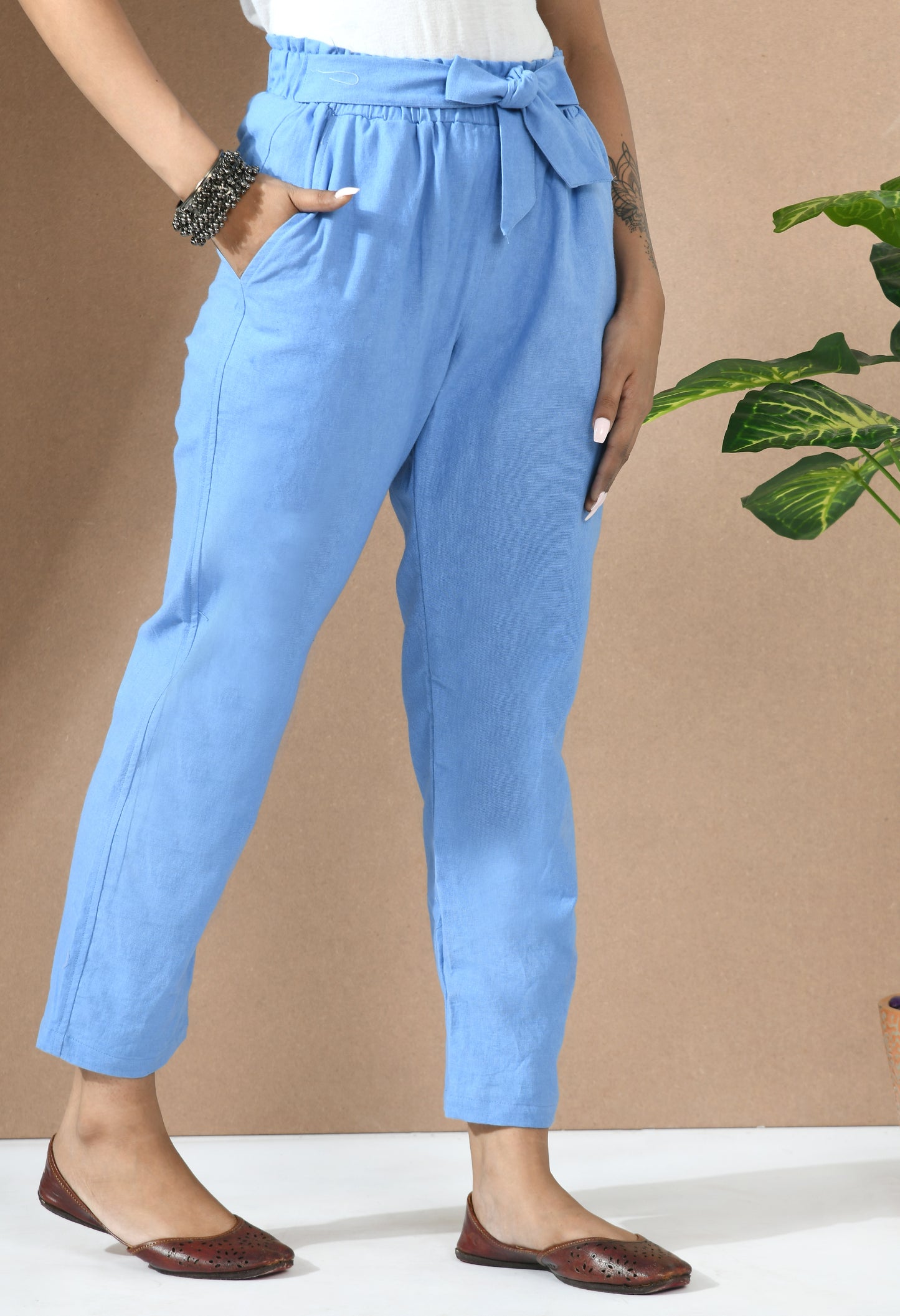 Powder Blue Paper Bag Trouser with Belt#2