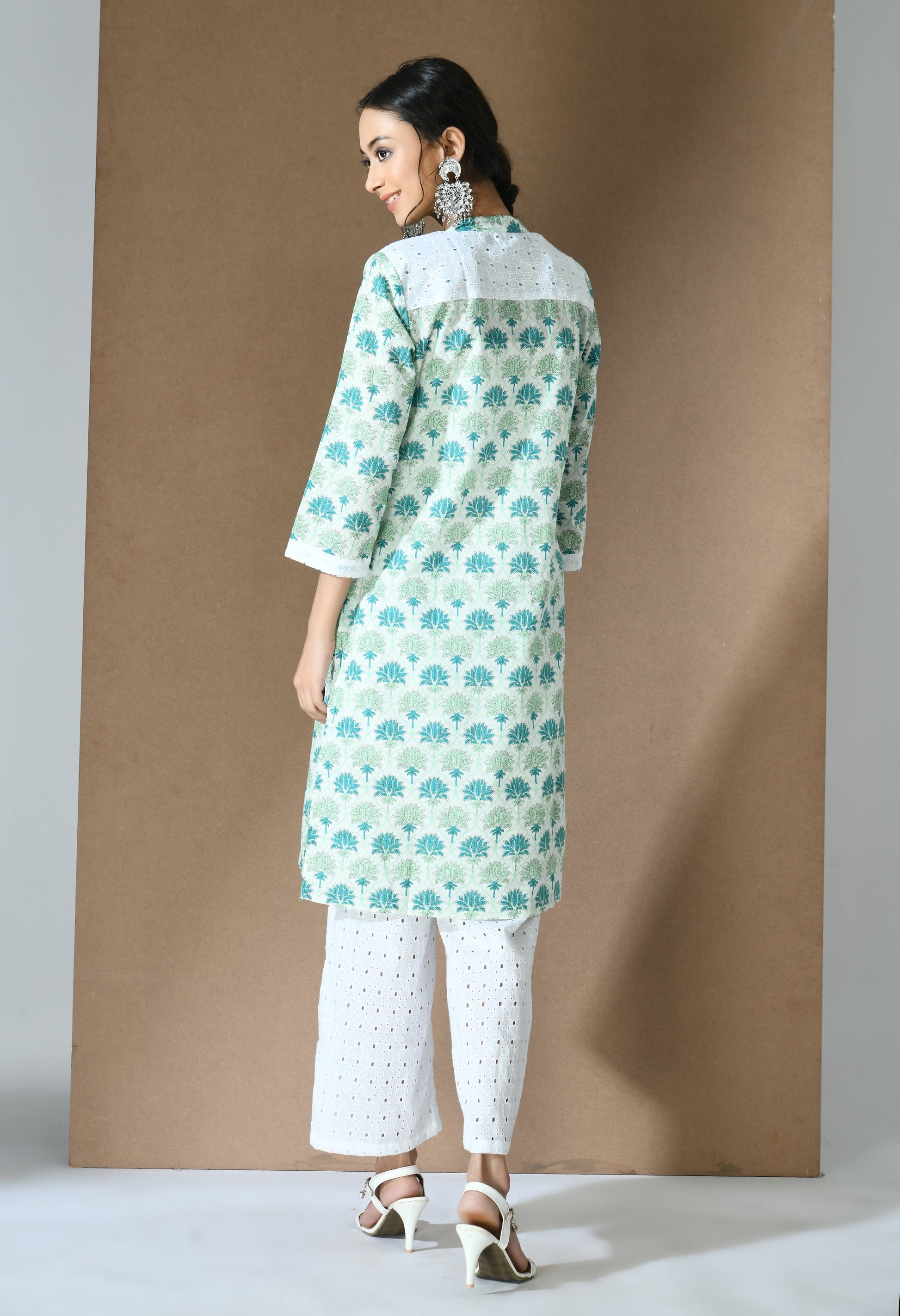 Green Lotus Motif Back Yoke Kurta Set