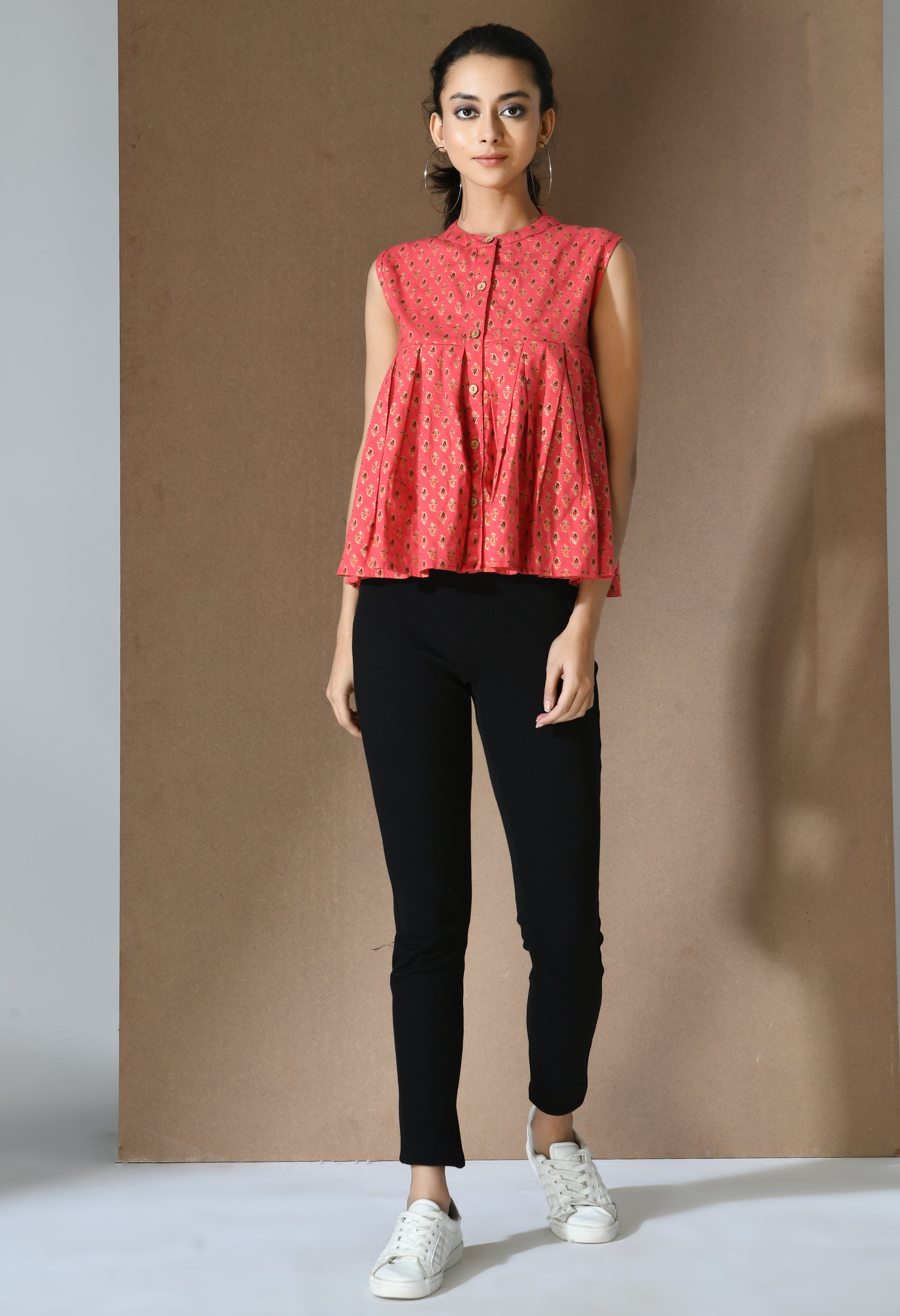 Pink Godna Print Pleated Top