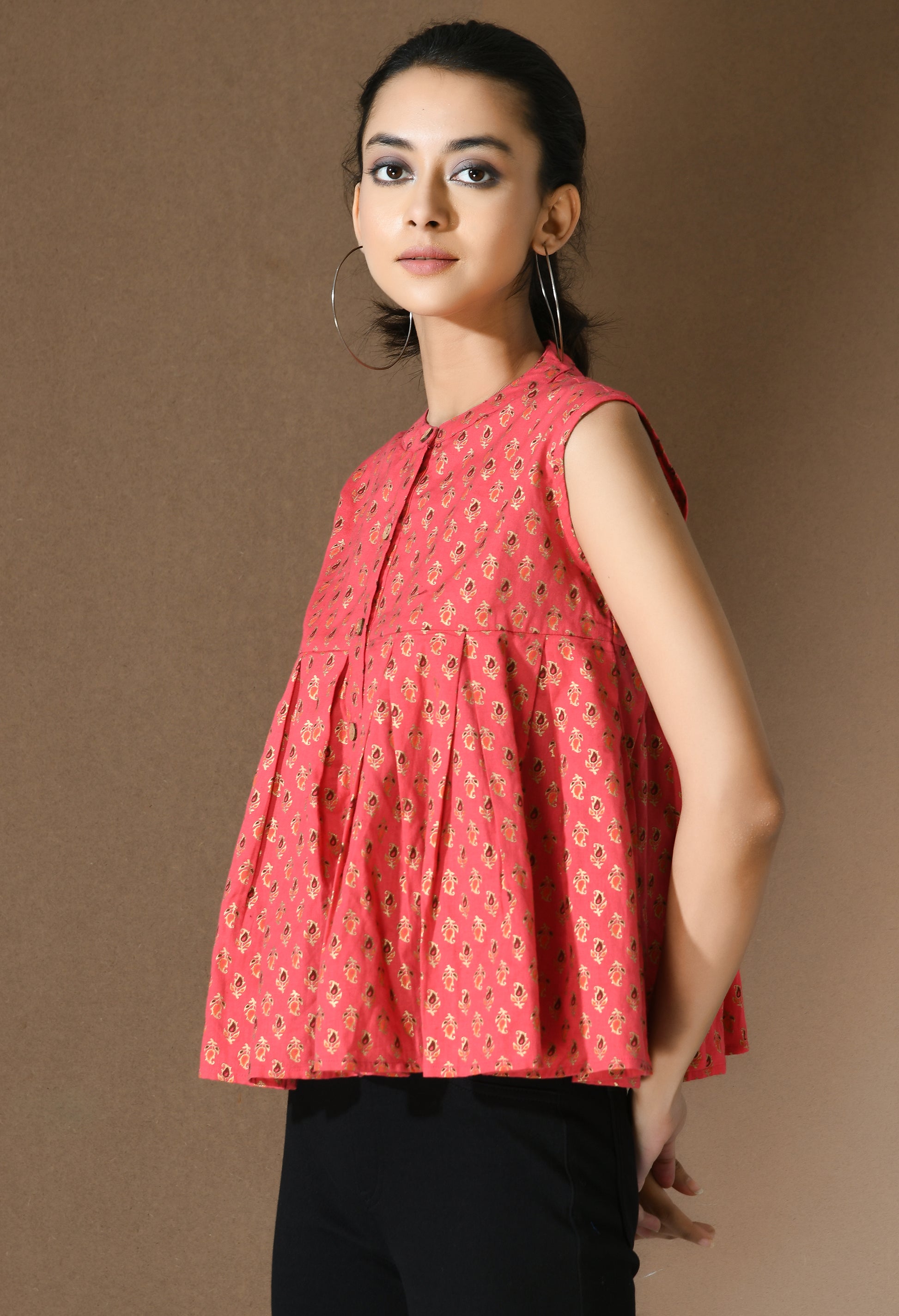 Pink Godna Print Pleated Top