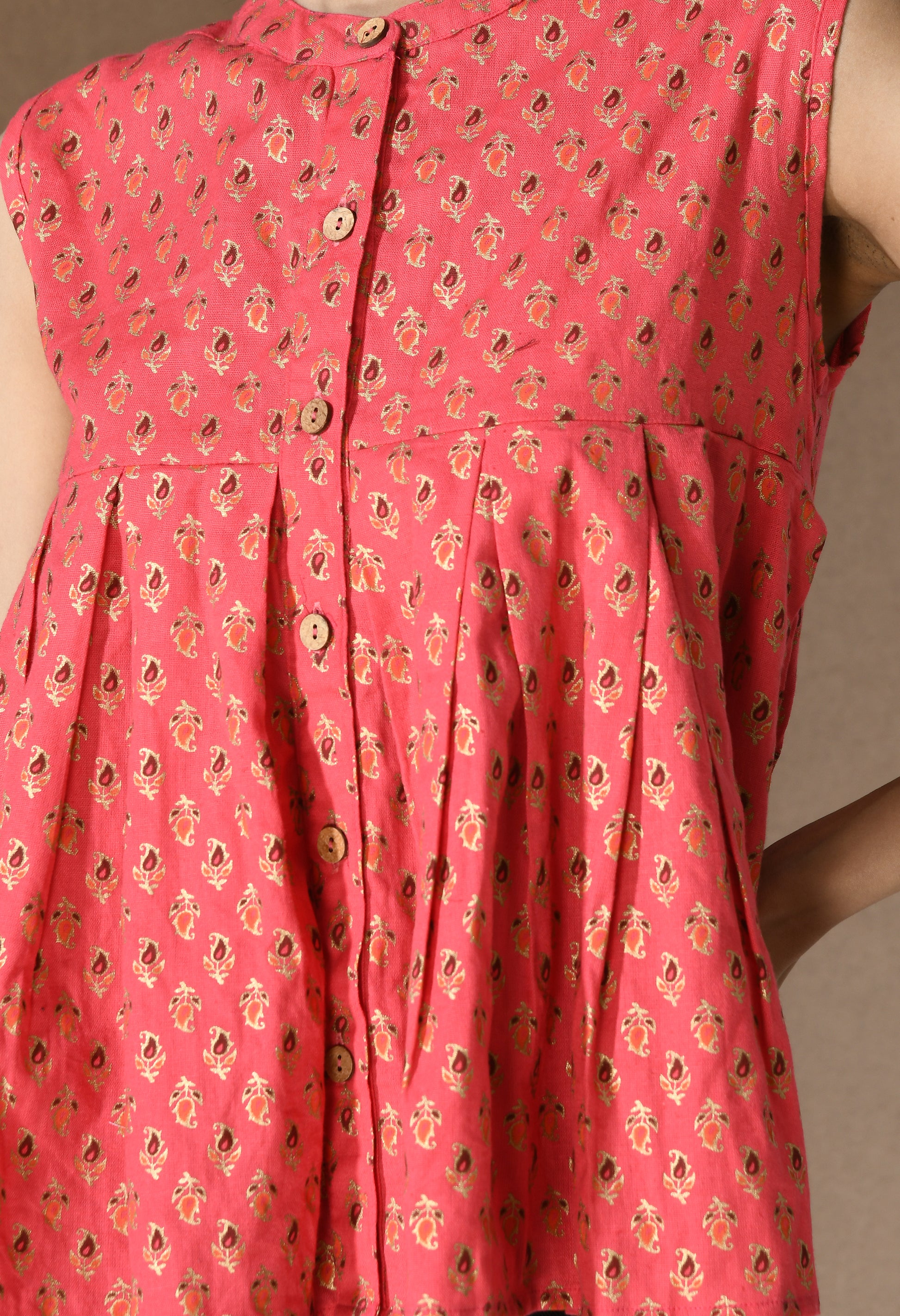 Pink Godna Print Pleated Top